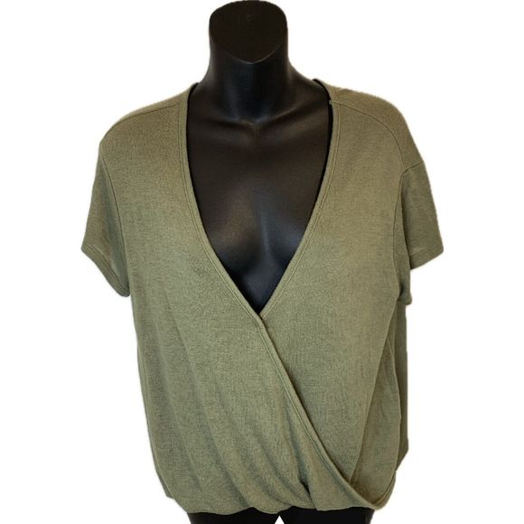 We The Free People Hoffman Surplice Knit Top Tee Crossover Wrap Blouse Green XS - Picture 4 of 7